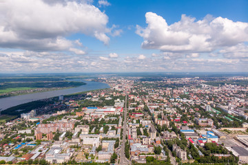 Fototapeta na wymiar Panorama of city Tomsk and Tom River. Aerial top view