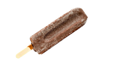 Ice cream lolly in chocolate glaze close-up with condensate and icing frost isolated on white background.