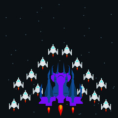 Retro video game, screen, arcade space warships, shooting, background map, vector graphic design illustration. 16 bit, 8 bit . Space place. Battles under the stars. Old computer games.