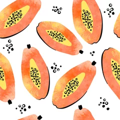 Fotobehang Aquarel fruit Naadloos patroon met aquarel textuur papaya