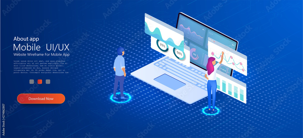Poster application of laptop with business graph and analytics data on isometric laptop . analysis ui/ux tr