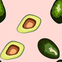 Avocado seamless pattern on background. Whole and cut avocado