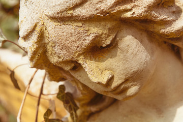 Fototapeta premium An abstract photo of an ancient statue. Fragment. The sad angel looks from the sky to humanity.