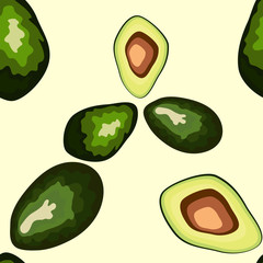 Avocado seamless pattern on background. Whole and cut avocado