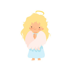 Adorable Blonde Girl Angel with Nimbus and Wings, Lovely Baby Cartoon Character in Cupid or Cherub Costume Vector Illustration