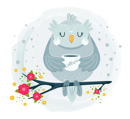 Cute owl sitting on branch and drinking coffee