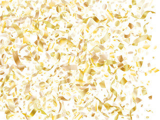 Holiday realistic gold confetti flying on black background.