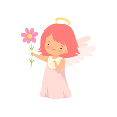Cute Girl Angel with Nimbus and Wings Standing with Flowers, Lovely Baby Cartoon Character in Cupid or Cherub Costume Vector Illustration