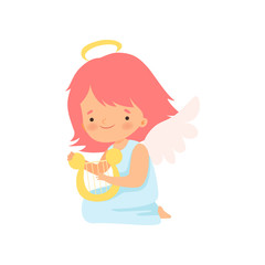Cute Girl Angel with Nimbus and Wings Playing Harp, Lovely Baby Cartoon Character in Cupid or Cherub Costume Vector Illustration