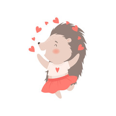 Cute Hedgehog Girl in Dress Surrounded Red Hearts, Adorable Prickly Animal Cartoon Character Vector Illustration
