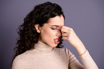Close up photo attractive beautiful she her lady suffering strong terrible head ache eyes closed...