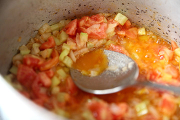 Frying pan stew vegetables: pepper, tomato, onion 