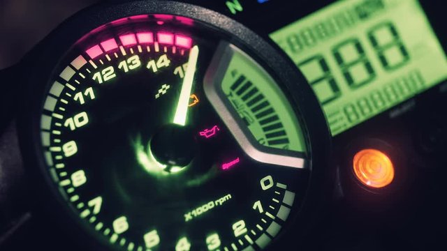 Speedometer sports bike. Ignition on, speed arrow. Motorcycle dashboard.