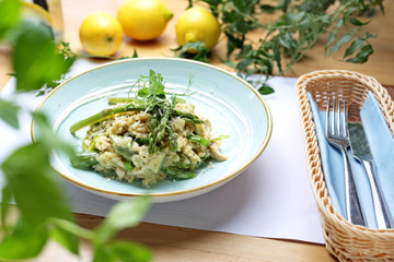 Risotto with asparagus and spinach. Appetizing dish