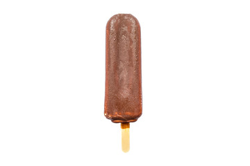 Ice cream lolly in chocolate glaze close-up with condensate isolated on white background.
