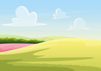Fototapeta na wymiar Clouds floating on blue sky over peaceful field with green grass vector illustration landscape.