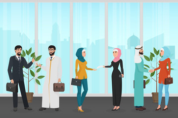 Men and women in traditional Muslim clothes speaking with each other while working in office together vector illustration.