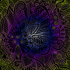 Psychedelic pattern. For meditation, soothing, twisting elements. Doodle drawn by hand