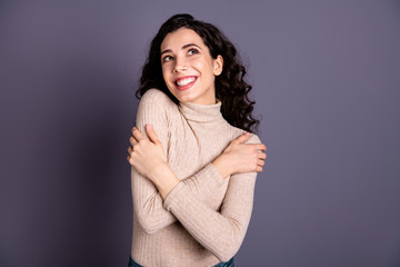 Close up photo beautiful she her lady look up empty space copyspace overjoyed toothy beaming smile...