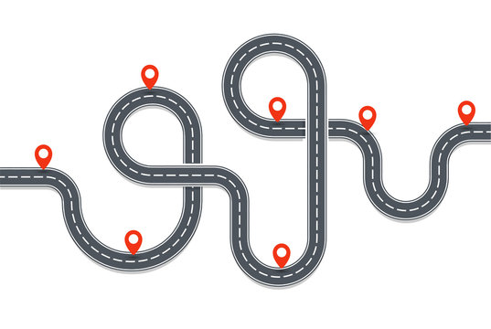 Auto trip map. Asphalt Road path with red Pins. Place on road, navigation map, infographic element. Isolated vector illustration.