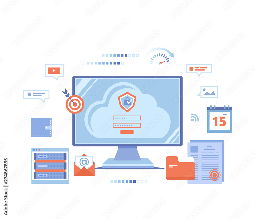 Poster cloud security, cloud computing, data protecting, secure data exchange. monitor screen with sign for