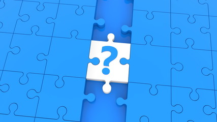 Puzzle piece in white with question mark concept in blue