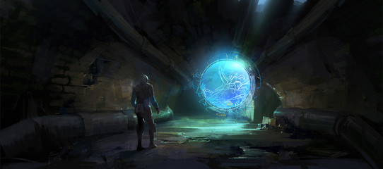 The holographic image unfolded in the dark tunnel,Digital Illustration. © liuzishan