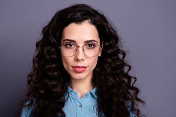 Fototapeta premium Portrait of focused minded charming entrepreneur have look reday solve problems trouble choose choice decide decision wavy curly hairstyle wear shirt blue denim jeans isolated grey background