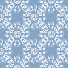 Boho Monochrome Jean Blue Tie-Dye Shibori Mirrored Sunburst Mandala Background Vector Seamless Pattern