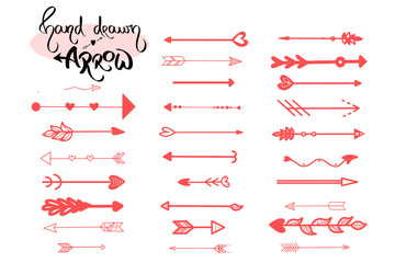 Hand drawn arrows vector. Red pointers on white. Arrow vector illustration. Illustration turn to the right icon. Black heart with arrow. direction or motion indicators, cursors drawn by ink, brush.