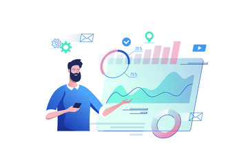 Young man with a virtual monitor. Concept of digital technology. Remote business process management. Vector illustration.