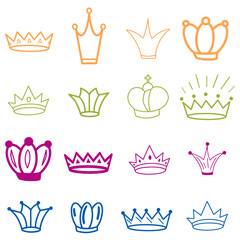 Sketch Crown. Big Set Crowns. Elegant queen royal tiara, king crown isolated white background. Collection vector crowns illustration orange green pink violet. Princess decoration. Bridal jewelry