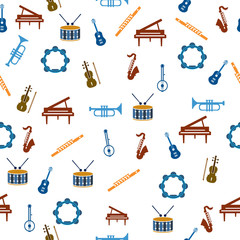 Seamless Pattern Colored Music Instruments Background. Vector