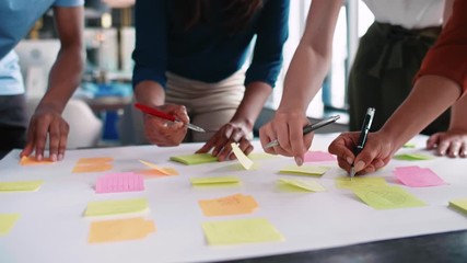 Business people putting ideas on adhesive notes