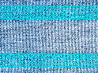Blue lace on a jeans backgroud. Stitching still life