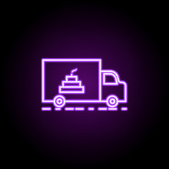 Cake delivery dusk style neon icon. Elements of birthday set. Simple icon for websites, web design, mobile app, info graphics