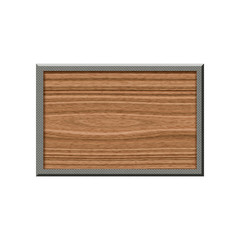 Wooden badge with metallic border in form of rectangle.
