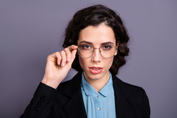 Close up photo of cute charming lady stunning touch round specs focused think thoughtful pomade red lipstick isolated jacket dressed classy grey background