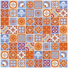 Classic vector pattern of abstract square floral and geometric tiles. Traditional portugese and arabic ceramic wall decoration. Colors are adjustable. Seamless pattern is in swatches.