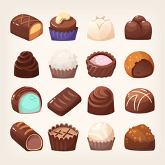 Wide selection of chocolate sweets of various forms with different fillings and toppings. Isolated vector images. 