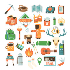Collection of items for hiking, backpacking and traveling into the wild.  Isolated vector icons.