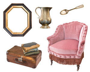 Armchair, suitcase, books, spoon, frame. Vintage, retro. Isolated on white