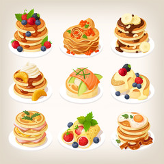 Set of tasty pancake dishes served for breakfast. Isolated vector illustrations.