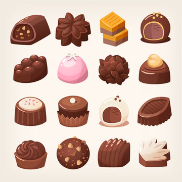 Delicious dark and white chocolate candies in various shapes and flavors. Isolated vector images. 