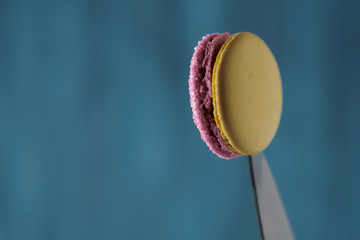 COLORFUL  FRENCH CAKE MACARON ON THE EDGE OF THE KNIFE on a WOODDEN BACKGROUND