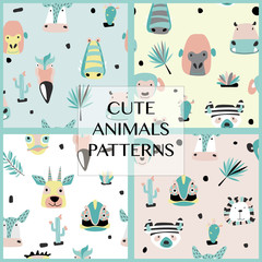 Safari baby animals seamless funny patterns collection. Set of vector kid print. Hand drawn doodle illustrations in scandinavian style. 