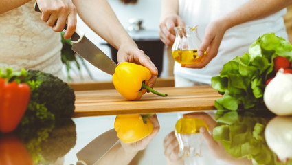 Closeup of human hands cooking in kitchen. Mother and daughter or two female friends cutting vegetables for fresh salad. Friendship, family dinner and lifestyle concepts