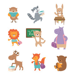 Obraz premium Cute school animals. Bear raccoon lion hare hippo fox, pupils with books and backpacks. Back to school vector characters. Illustration of animal school character, back to study