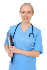 Doctor woman or nurse isolated over white background. Cheerful smiling medical staff representative. Medicine concept