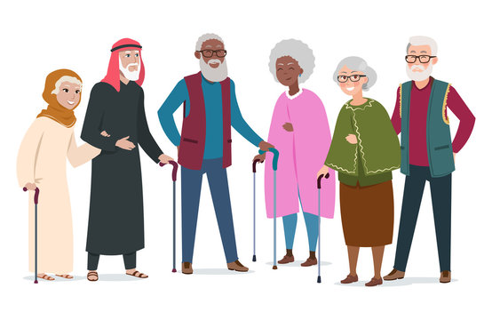 International Happy Old People. Elderly Afroamericans, Muslims And Caucasians Vector Illustration. Arab Islam People, Muslim Grandmother, Together Multicultural People